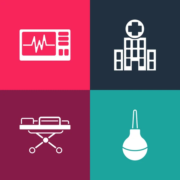 Set Pop-Art-Klistier, Keilrahmen, medizinisches Krankenhausgebäude und Monitor mit Kardiogramm-Symbol. Vektor — Stockvektor