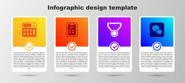 Definir calculadora, folha de exame com marca de seleção, Medalha e bate-papo bolha de fala. Modelo de infográfico de negócios. Vetor — Vetor de Stock