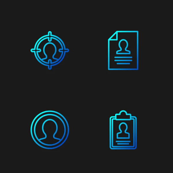 Establecer la línea Portapapeles con curriculum vitae, Crear pantalla de cuenta, Cabeza de caza y curriculum vitae. Iconos de color degradado. Vector — Archivo Imágenes Vectoriales