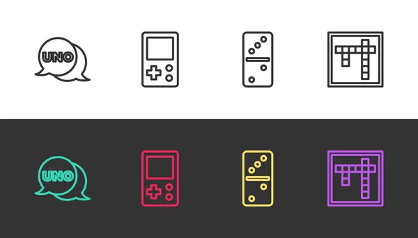 Set Line Uno Kartenspiel, Tetris, Domino und Bingo auf schwarz und weiß. Vektor — Stockvektor