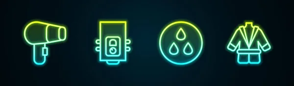 Saç kurutma makinesi, gaz kazanı, su damlası ve bornoz ayarlayın. Parlayan neon ikonu. Vektör — Stok Vektör
