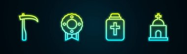 Tırpan, Anma Çelengi, Cenaze Vazosu ve Eski Mezar. Parlayan neon ikonu. Vektör