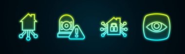 Akıllı ev, alarm zili ve güvenlik kamerası ayarla. Parlayan neon ikonu. Vektör