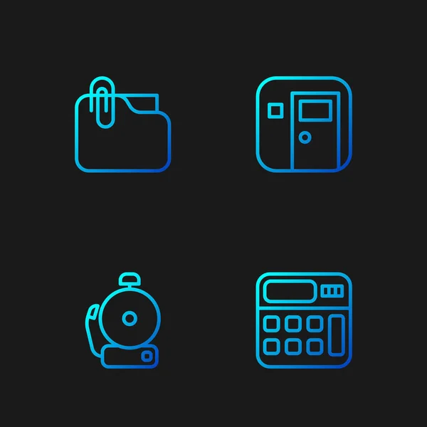 Stel lijn Calculator, rinkelende alarm bel, Document map met clip en School klaslokaal. Gradiënt kleurpictogrammen. Vector — Stockvector