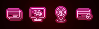Hat kartı, indirimli yüzde etiketi, nakit yeri ve... Parlayan neon ikonu. Vektör