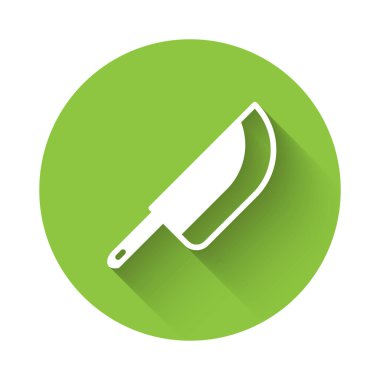 Beyaz Bıçak simgesi uzun gölgeli izole edilmiş. Çatal bıçak sembolü. Mutlu Cadılar Bayramı Partisi. Yeşil daire düğmesi. Vektör