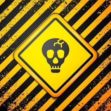 Siyah Kafatası simgesi sarı arkaplanda izole edildi. Mutlu Cadılar Bayramı Partisi. Uyarı işareti. Vektör