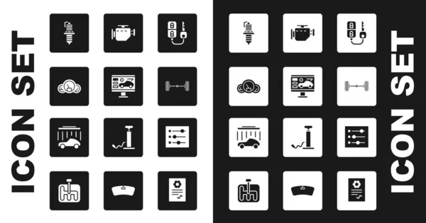 Set Autoschlüssel mit Fernbedienung, Diagnose Zustand des Autos, Tacho, Zündkerze, Chassis, Motor, Einstellungen und Waschsymbol überprüfen. Vektor — Stockvektor