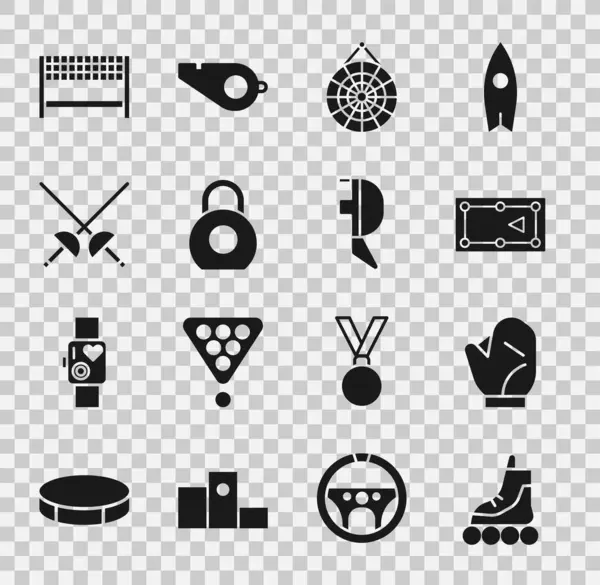 Set Roller skate, Baseball glove, Billiard table, Classic dart board, Kettlebell, Fencing, Ribbon finishing line and helmet mask icon. Vector — Stock Vector