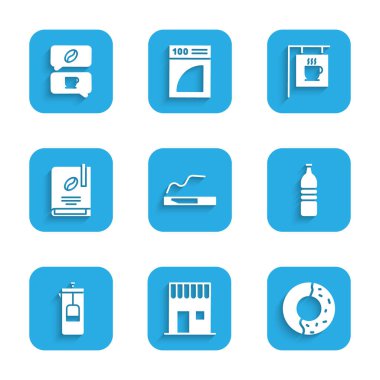 Set sigarası, kahve dükkanı, tatlı jöleli çörek, şişe suyu, Fransız matbaası, kitap, sokak tabelası kahvesi ve sohbet ikonu. Vektör