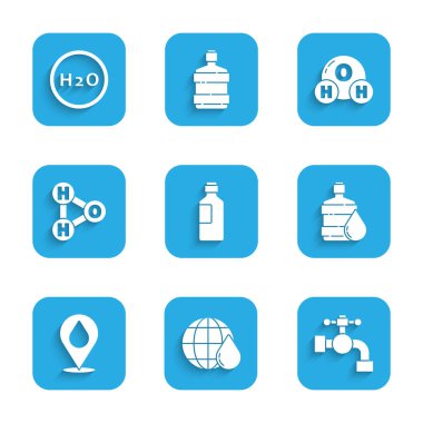 Bir şişe su, Dünya gezegeni, su musluğu, temiz, konumu olan büyük bir şişe, H2O için kimyasal formül ve ikon. Vektör