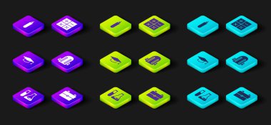 Test tüpü ve matara, okul çantası, mezuniyet şapkası, hesap makinesi ve kalem simgesini ayarla. Vektör