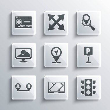 GPS aygıtını harita, trafik ışığı, park yeri, rota konumu, şehir navigasyon ve arama simgesi bilgisine göre ayarla. Vektör