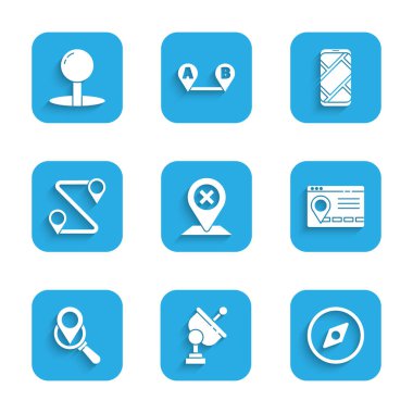 Konum, Radar, Pusula, Şehir haritasının konumu, Arama konumu, Yol, Şehir ve İtme pin simgesini ayarla. Vektör