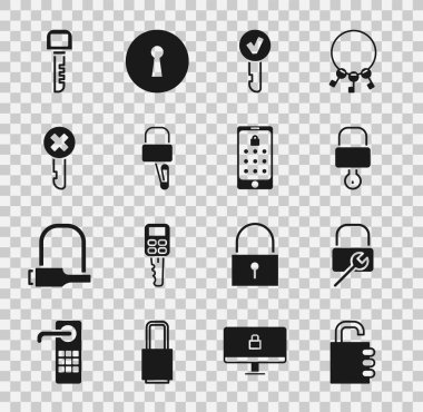 Güvenli kilit, kilit onarımı ve anahtar, anahtar, maymuncuk, yanlış ve mobil grafik şifre simgesi için anahtar ayarla. Vektör