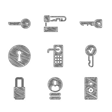 Dijital kapı kilidini ayarla, hesap ekran, göz taraması, anahtar, kilit, anahtar deliği ve simge oluştur. Vektör