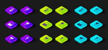 Kilit ve anahtarı aç, kilidi aç, tanımsız, uzaktan kumandalı ve simgeli araba. Vektör