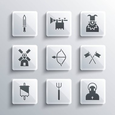 Bahçe yabası, Monk, Ortaçağ bayrağı, ok ve yay, yel değirmeni, kılıç ve Joker baş ikonu. Vektör