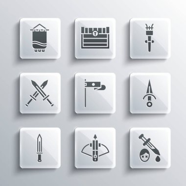 Arbaleti ok, kılıç kanı, hançer, ortaçağ bayrağı, kılıç, çapraz ortaçağ ve alev ikonu ile donatın. Vektör