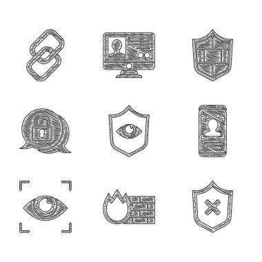 Kalkan ve Gözü ayarla, Güvenlik Duvarı, güvenlik duvarı, çapraz işaretli, mobil yüz tanıma, göz taraması, Siber, tuğla ve zincir bağlantı simgesi. Vektör