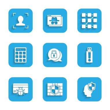 Siber güvenliği ayarlayın, tuğla duvarlı kalkan, kafa kalkanı, USB flaş bellek, kredi kartındaki sistem hatası, şifre koruması, grafiksel şifre ve yüz tanıma simgesi. Vektör