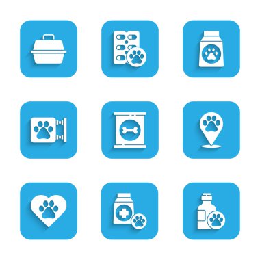 Konserve yemek, evcil hayvan şampuanı, veteriner, hayvanların ayak izli kalp, veteriner kliniği ve çanta ikonu. Vektör