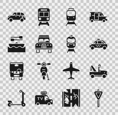 Trafik levhası, çekici, taksi, tren ve demiryolu, kürekli tekne, Hatchback ve ikon ayarlayın. Vektör