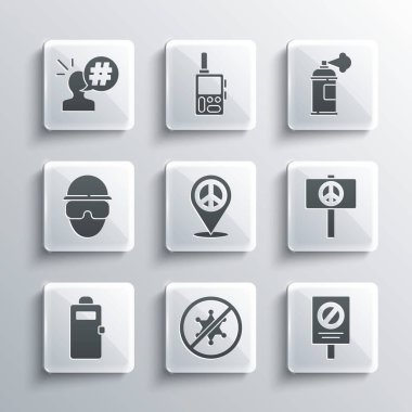 Protesto, Barış, Konum Barışı, Polis saldırı kalkanı, Özel Kuvvetler askeri ve boya spreyi ikonu ayarlayın. Vektör