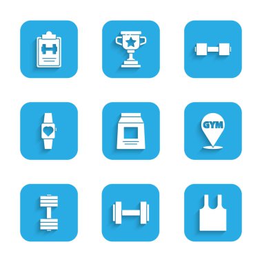 Set Spor Beslenme, Şapşal, Kolsuz Tişört, Konum Spor Salonu, Smartwatch ve Eğitim Programı ikonu. Vektör