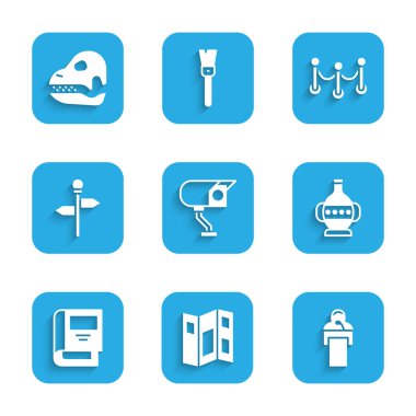 Güvenlik kamerası, müze rehberi broşürü, konferans, Kadim amforalar, tarih kitabı, trafik levhası, ip engeli ve dinozor kafatası ikonu. Vektör