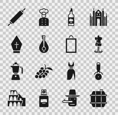 Şarap fıçısı, pizza bıçağı, manken, bir şişe zeytinyağı, Mandolin, Papa şapkası, Rolling pin ve resim ikonu. Vektör