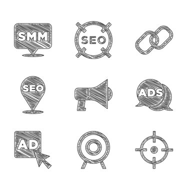 Megafon, Hedef Spor, Reklamcılık, SEO optimizasyonu, Zincir bağlantısı ve Sosyal medya pazarlama simgesi ayarla. Vektör