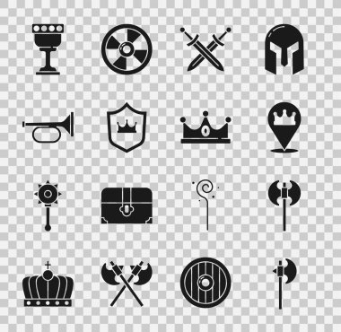 Ortaçağ baltası, Konum kral tacı çapraz ortaçağ kılıcı, Kalkan, Trompet, kadeh ve Kral ikonu. Vektör