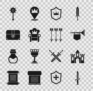 Hançer, kale, trompet, bayraklı taç, ortaçağ tahtı, antik hazine sandığı, topuz topuzu ve çapraz ok ikonu. Vektör