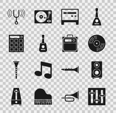 Ses karıştırıcı denetleyici, Stereo hoparlörü, Vinil disk, Gitar yükselticisi, Drum makinesi, müzikal ayar çatalı ve simgeyi ayarla. Vektör