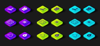 Geri dönüşüm sembolü, su enerjisi, elektrik prizi, güneş paneli, geri dönüşümlü çöp kutusu ve bitki el simgesini ayarla. Vektör