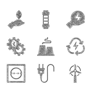 Fabrika, elektrik prizi, rüzgar türbini, geri dönüşümlü pil, elektrik prizi, yaprak fabrika vites makinesi, yıldırım ve bitki el ikonu. Vektör