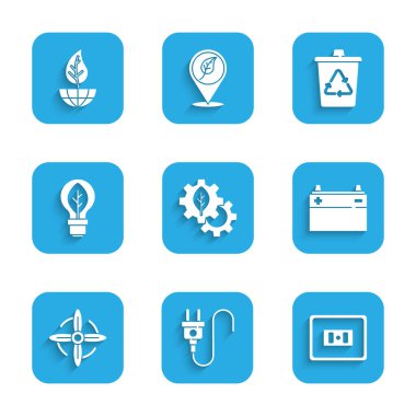 Yaprak fabrikasını dişli makineye, elektrik prizine, elektrik prizine, araba aküsüne, rüzgar türbinine, yapraklı ampule, geri dönüşüm kutusuna ve Dünya küresi ve simgesine ayarla. Vektör