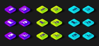 Klozet kapağı, bahşiş ödeme, küvet tepsiyle kaplı, televizyon ve kapı kolu ikonu. Vektör