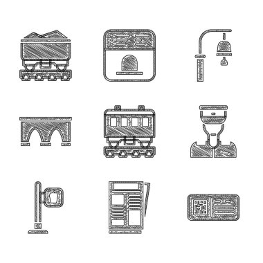 Yolcu vagonları, Haberler, QR kod bileti, tren kondüktörü, kafe ve restoran konumu, Bridge for, istasyon zili ve kömür vagonu ikonu. Vektör