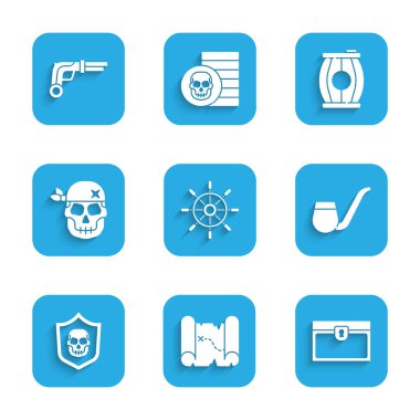 Gemi direksiyonu, korsan hazine haritası, antika sandık, tüttürme borusu, korsan kafataslı kalkan, Kurukafa, barut fıçısı ve klasik tabanca ikonu. Vektör