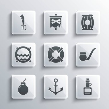 Çapa, alkol içeceği rom, sigara piposu, Lifebuoy, patlamaya hazır bomba, deniz manzaralı gemi penceresi, Korsan kılıcı ve barut fıçısı ikonu. Vektör