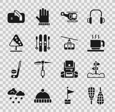 Kar ayakkabıları, trafik levhası, sıcak çikolata kupası, kurtarma helikopteri, kayak ve sopalar, çığ, buz hokeyi golü ve Cable araba ikonu. Vektör