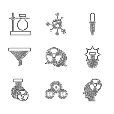 H2O, kafa ve radyasyon sembolü, patlama, test tüpü, huni filtresi, Pipette ve matara simgesi için radyoaktif kimyasal formül ayarlayın. Vektör