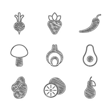 Soğan, kivi meyvesi, armut, avokado, patates, mantar, acı biber ve pancar ikonu. Vektör