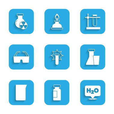 Kimyasal patlama, test tüpü ve matara, H2O formülü, laboratuvar cam deney şişesi, güvenlik gözlüğü, stand ve radyasyon ikonu. Vektör