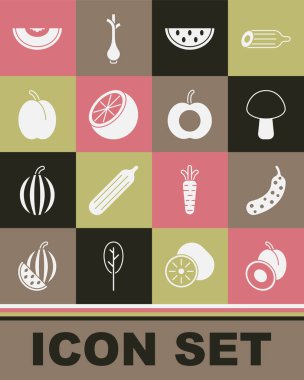Erik meyvesi, taze salatalık, mantar, karpuz, portakal, kavun ve şeftali ikonu. Vektör