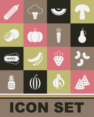 Karpuz, fasulye, armut, kavun, kabak, portakal, salatalık ve havuç ikonu. Vektör