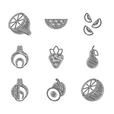Çilek, erik, portakal, armut, soğan, domates ve limon ikonu koy. Vektör