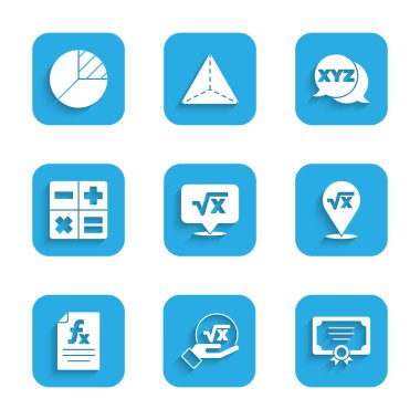 Kare kök x glifini, Sertifika şablonunu, Fonksiyon matematiksel sembolünü, Hesap Makinesini, XYZ koordinat sistemini ve Pie grafik bilgi simgesini ayarlayın. Vektör